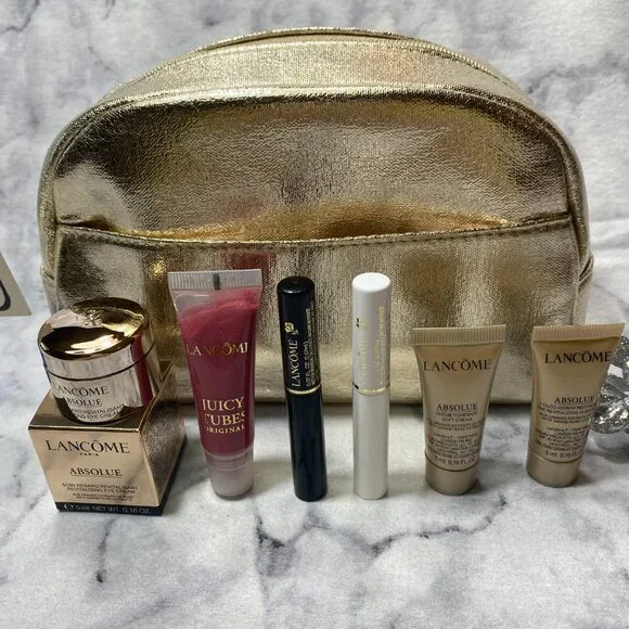 Lancome Absolue Beauty Gift Set-Gold Pouch,Eye Cream,Serum,2 Mascara,Lip-7pc-NEW